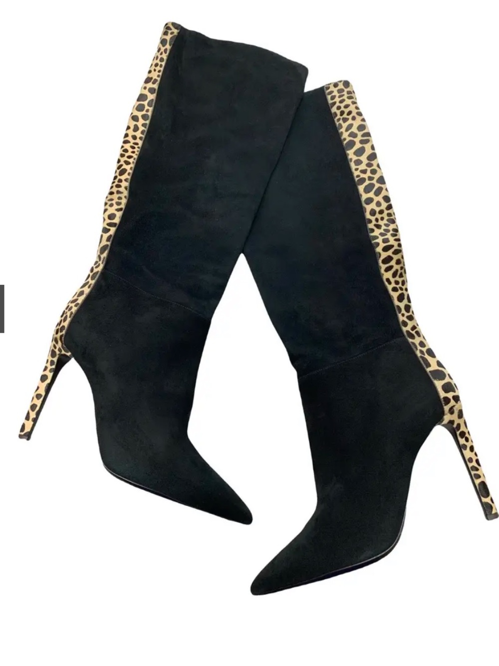 Giuseppe Zanotti Black Suede Knee Boots with Leopard Trim